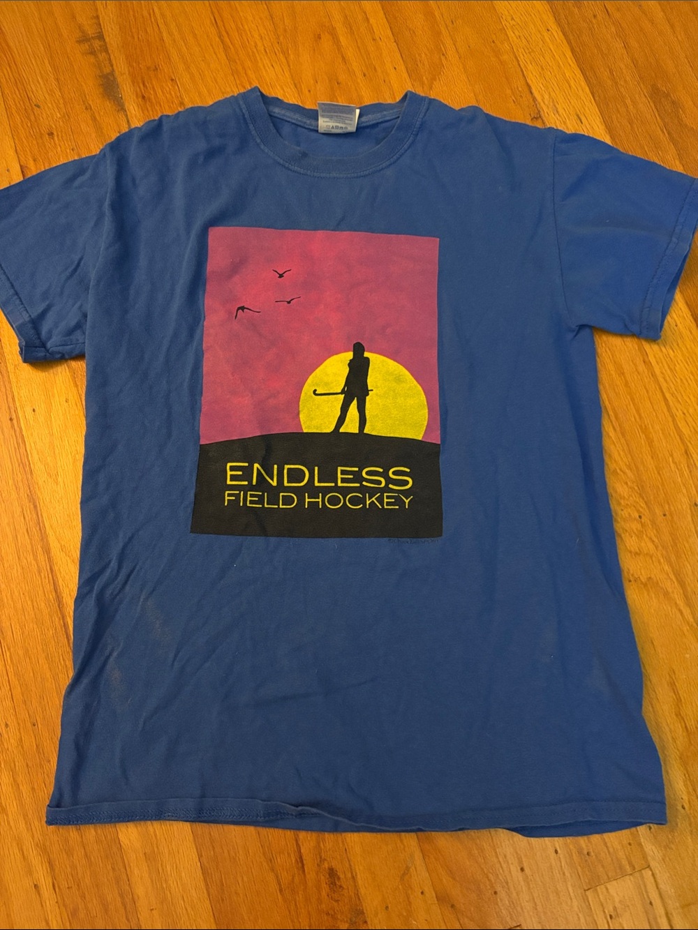 Gildan Blue Short Sleeve Tee with field hockey Yellow & Pink Graphic